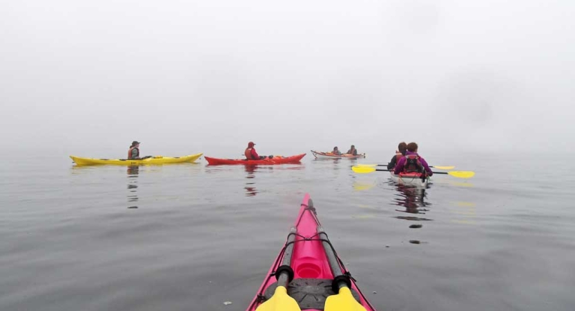 From the point of view of a kayak, other colorful kayaks are paddled by students on calm water under gray skies. 